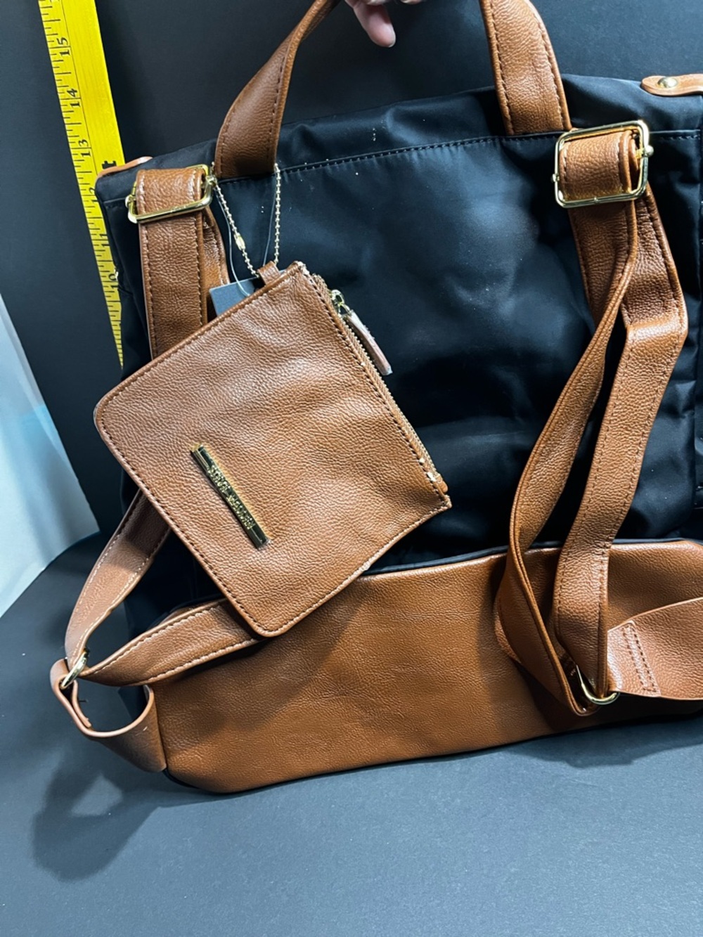Steve Madden Black and Brown Two-Tone Backpack Tote with Removable Pouch